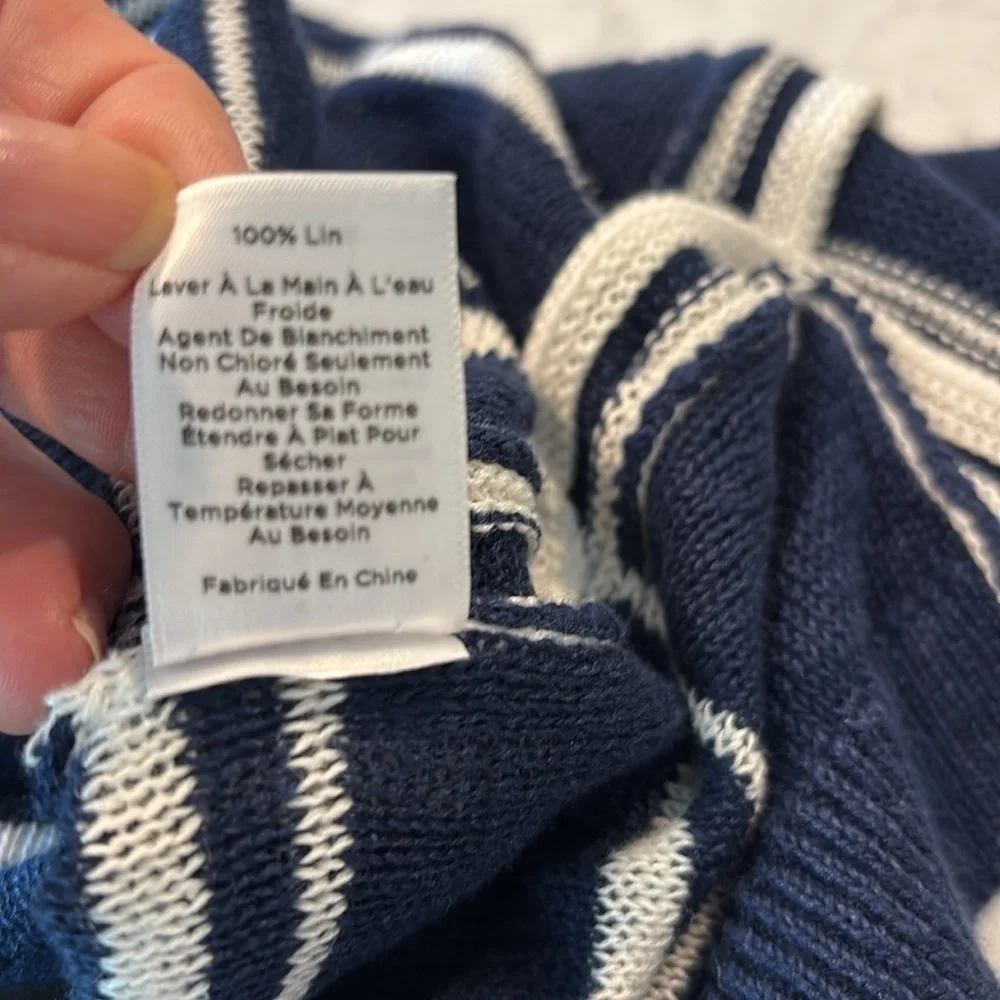 Talbots Navy & White Striped Linen Knit Summer Sweater Top with button sides